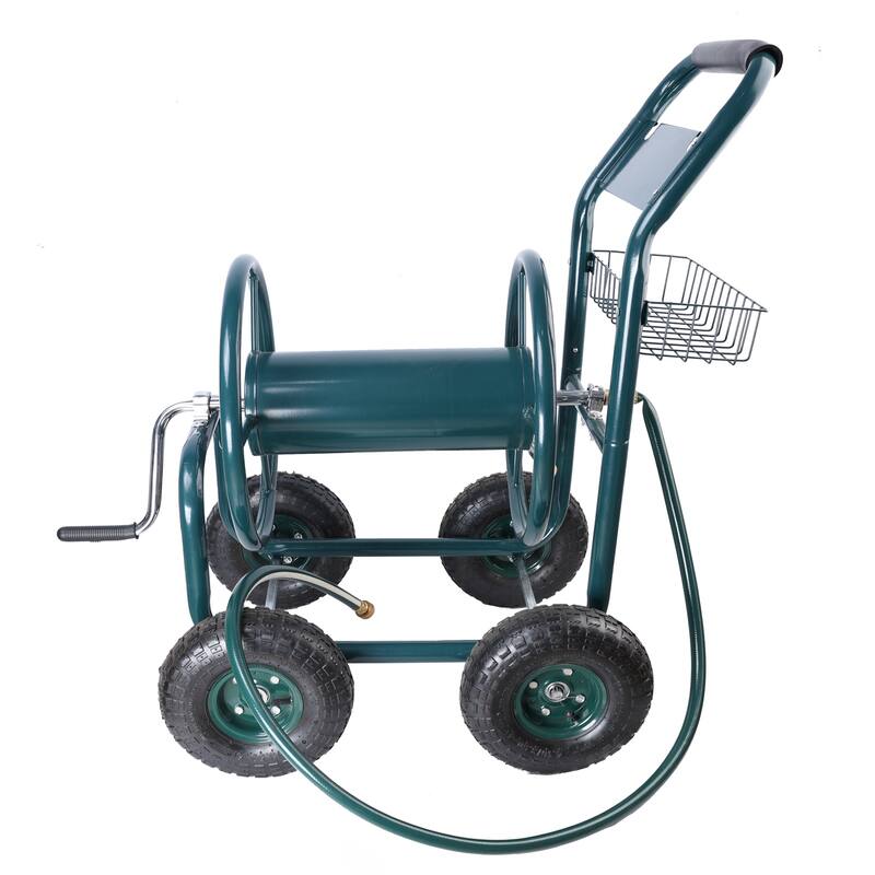 Heavy-Duty 4-Wheel Garden Hose Reel Cart - Portable with Storage Basket, Rust-Resistant