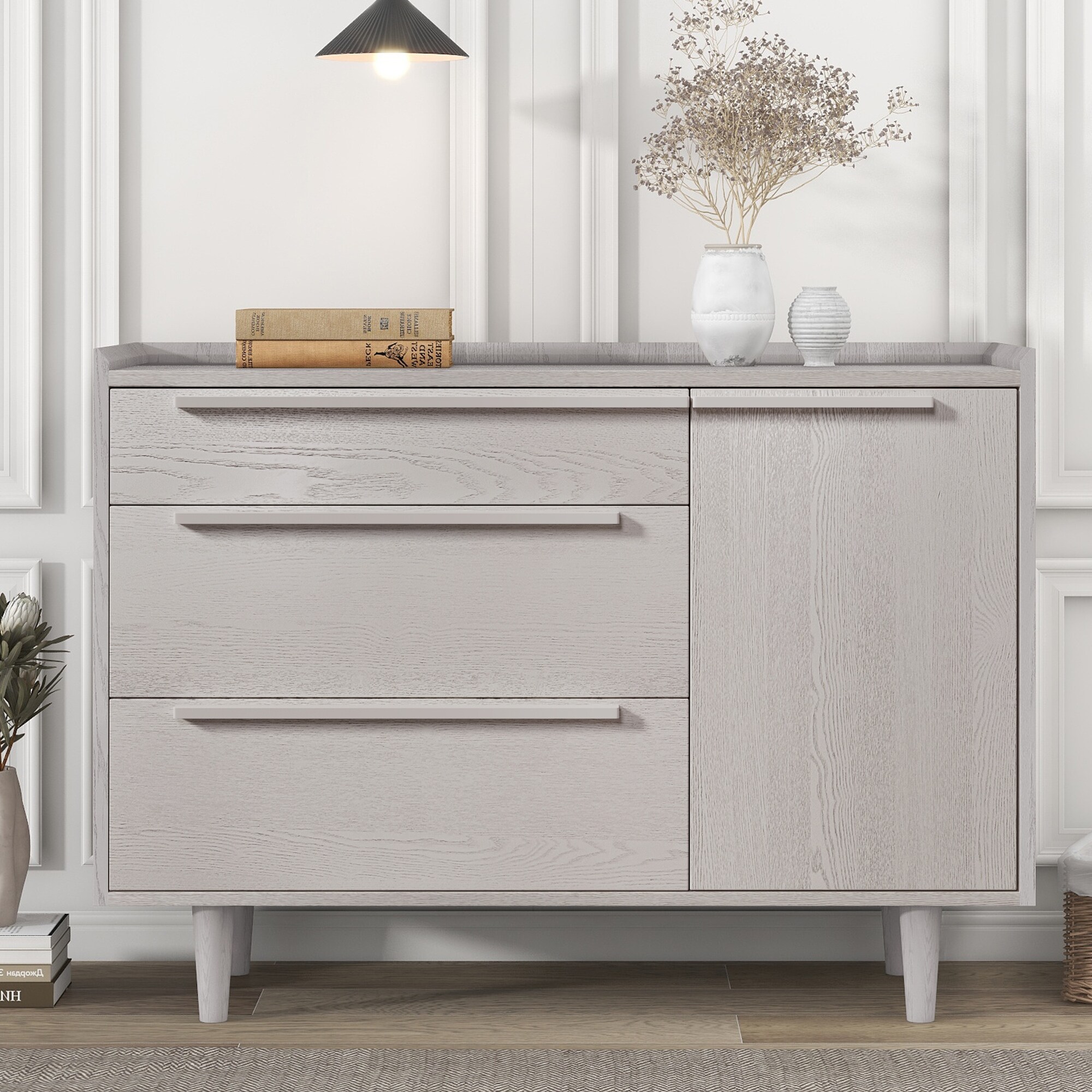 White dresser deals with wood legs
