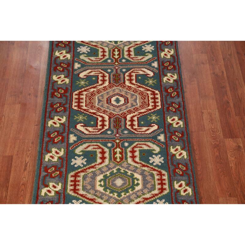 Teal Blue Geometric Kazak Indian Runner Rug Handmade Wool Carpet - 2'6" x 9'8"