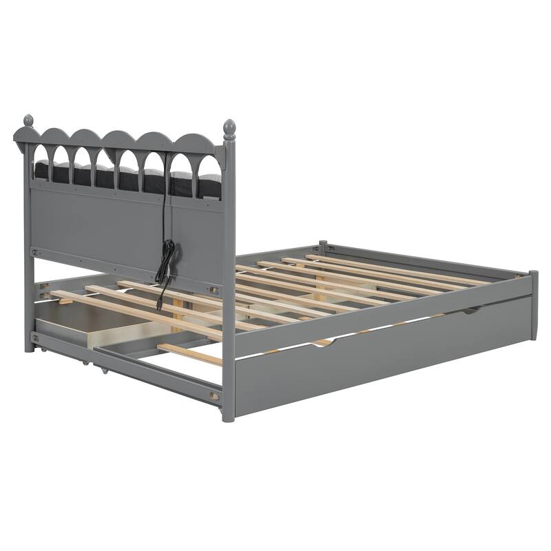 Queen Size Wooden Storage Platform Bed with 2 Drawers, Trundle, USB Ports & Sockets,Gray