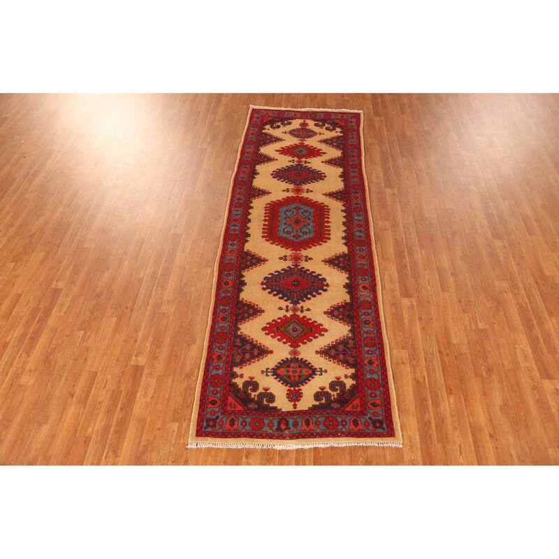 Hand Knotted Oriental 100% Wool Carpet Traditional Geometric Beige & Ivories Sarab Runner Rug - 9' 9'' X 3' 4''