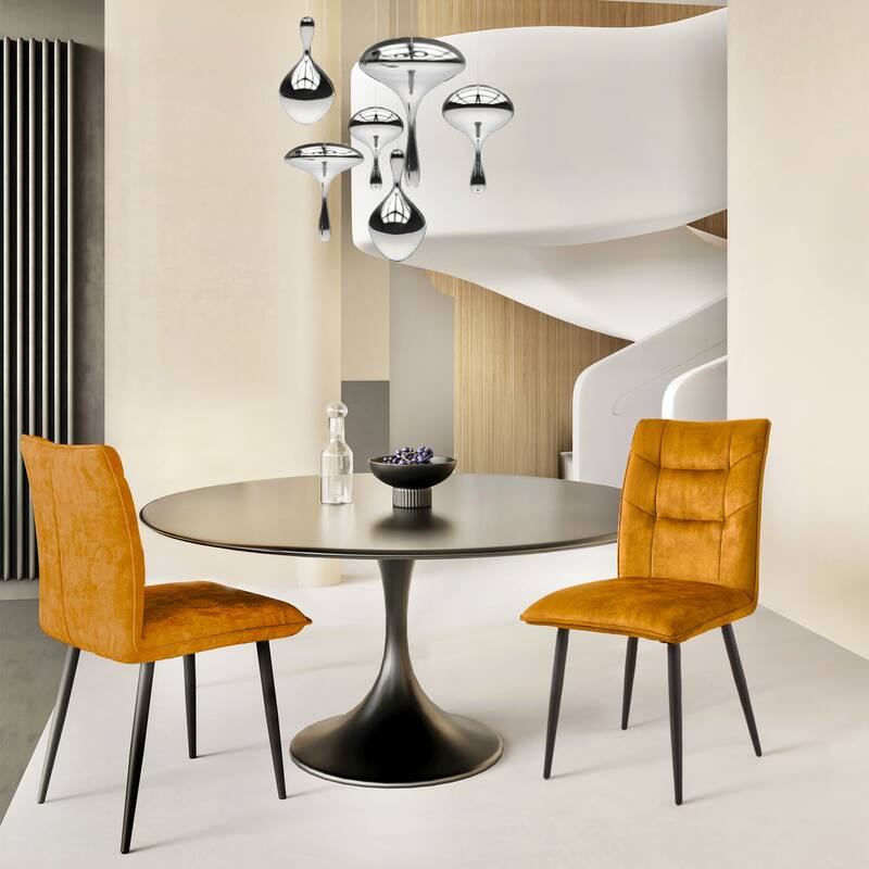 Modern Velvet Dining Chairs 2-Piece Set - Soft Cushioned Seats with Iron Frames in Mustard Yellow - Yellow-2