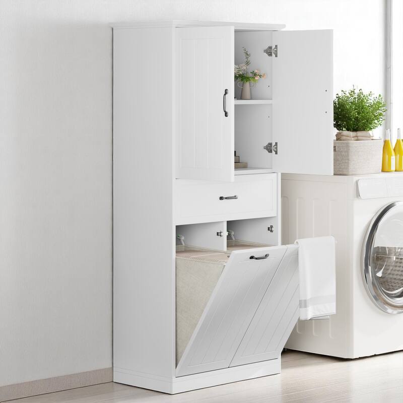 Freestanding Bathroom Cabinet with Laundry Hampers and Drawer, Tall Storage Unit with Adjustable Shelves and Doors