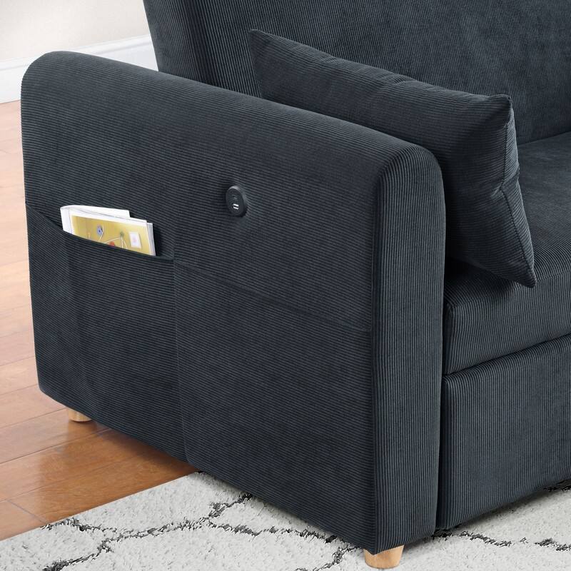 Marielle 55"W Corduroy Convertible Sleeper Loveseat with USB Ports, Magazine Pockets, and Pillows