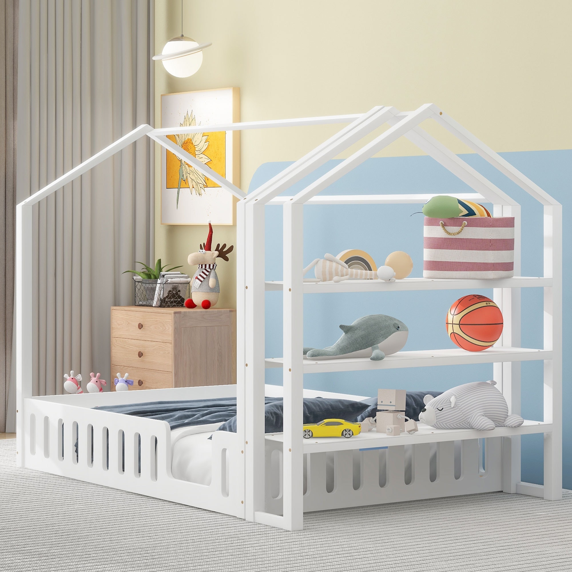 Modern style Twin Size Wood House Bed，with Fence and Detachable Storage Shelves，Very suitable for bedrooms