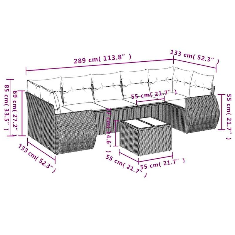 vidaXL Patio Sofa Set with Cushions Outdoor Furniture 8 Piece Poly Rattan - 24.4 x 24.4 x 27.2