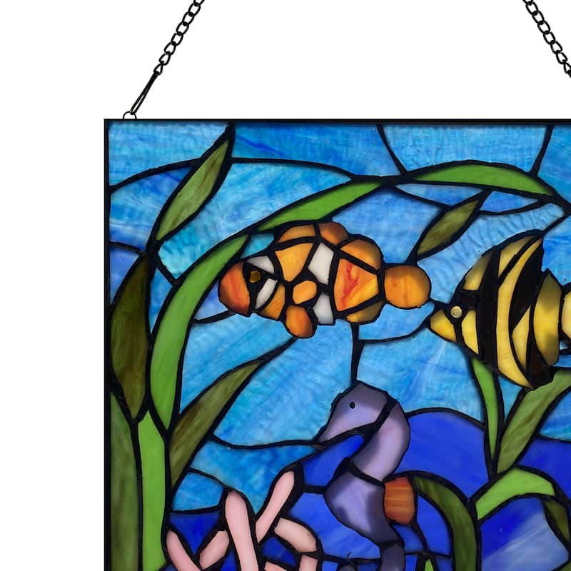 River of Goods Underwater Fish Ocean Scene River of Goods Multicolored Stained Glass Window Panel - 11" x 0.25" x 14"