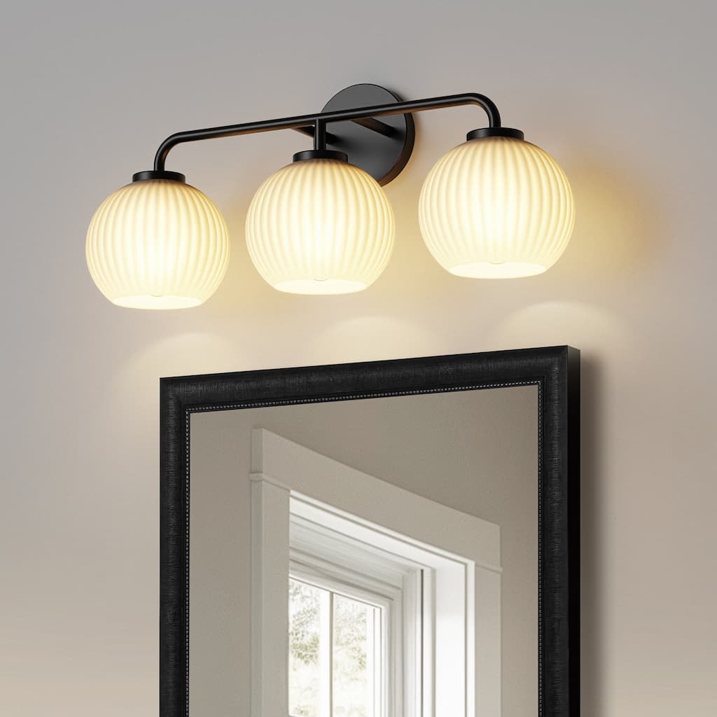 YANSUN 3-Light Black Vanity Light With Milk White Striped Glass Spheres,Modern Wall Light for Bathroom Vanities and Mirrors