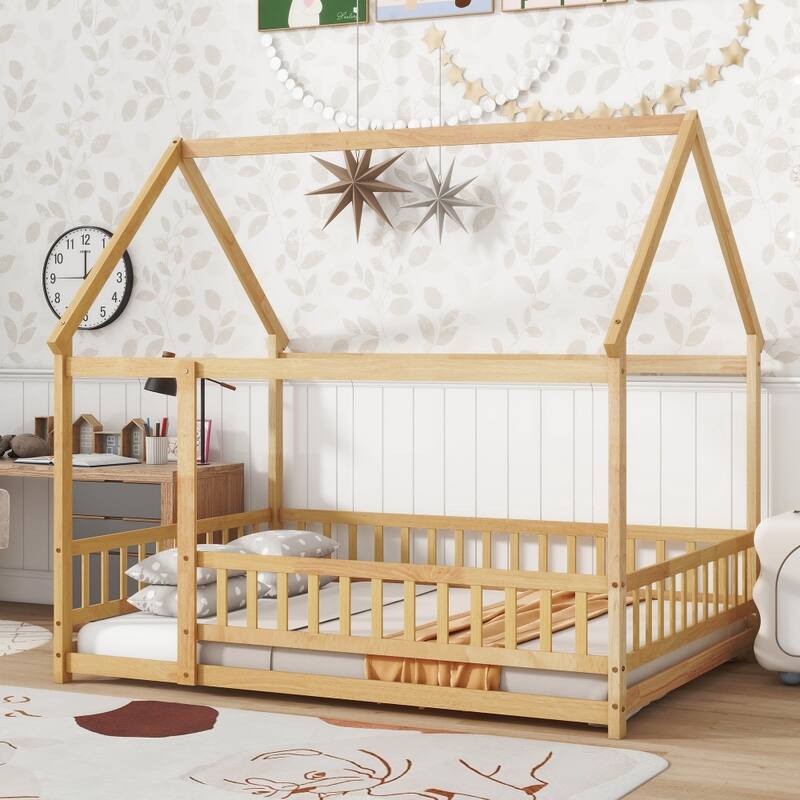 Full Size House Floor Wooden Bed with Roof Frame, Safety Guardrails - Natural