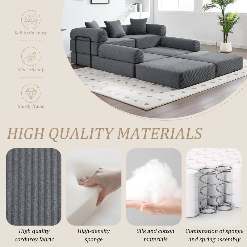 HOMEFUN Corduroy Upholstered Convertible Folding Sofa Bed with Fixed Frame and Pillow Back Handrail