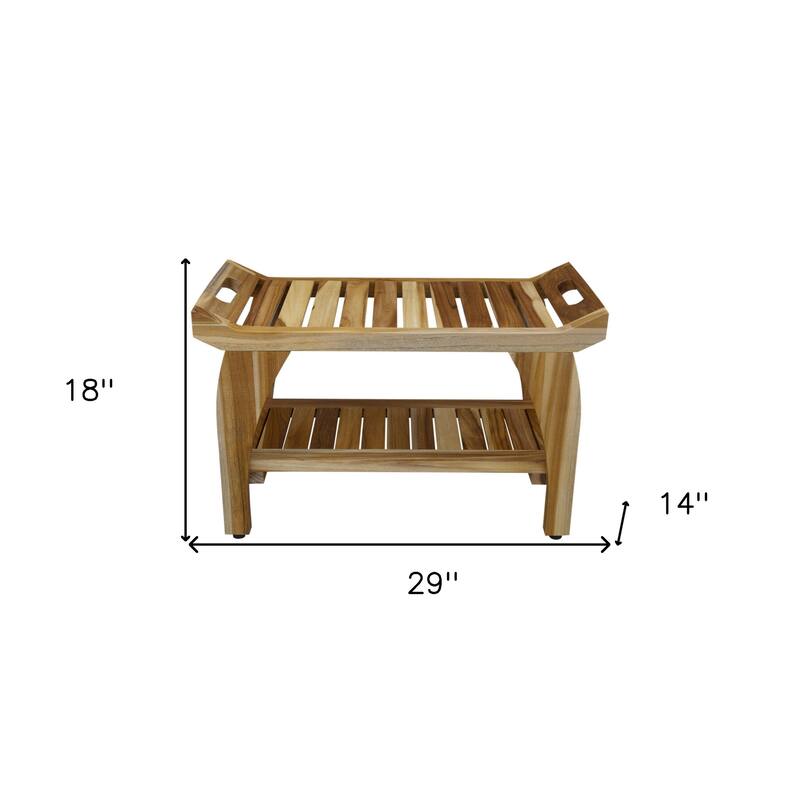 HomeRoots 29" Teak Rectangular Shower Outdoor Bench With Handles In Natural Finish