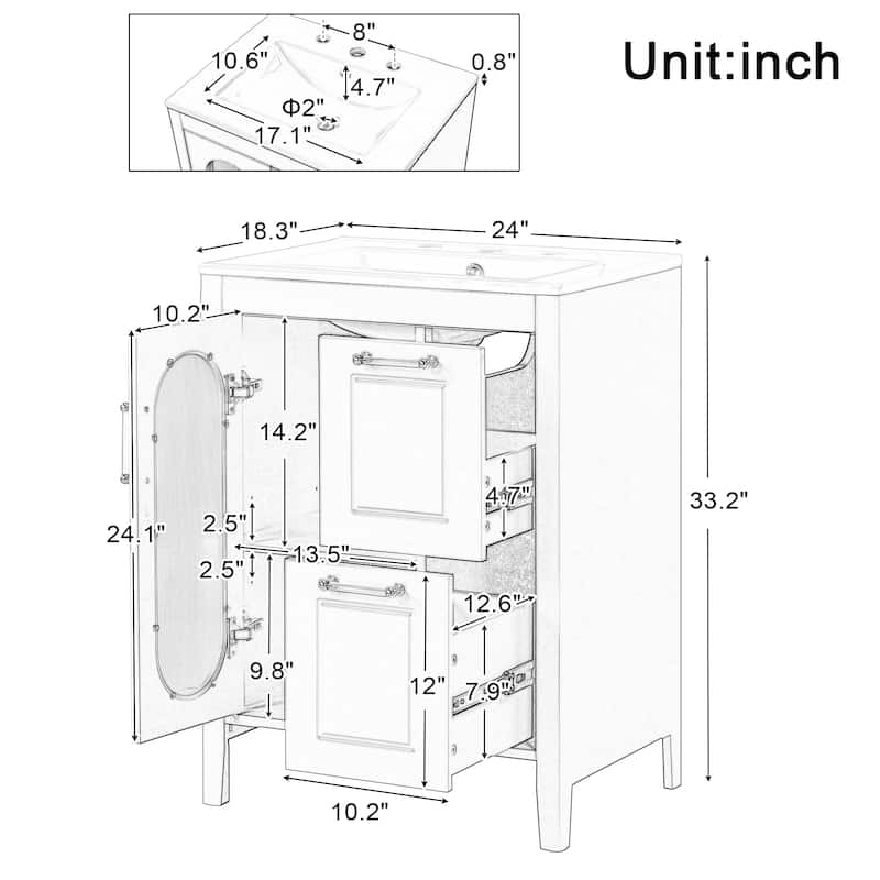 Modern 24" Bathroom Vanity with Sink, Ceramic Top, Adjustable Shelf, 2 Drawers and Door, Solid Wood