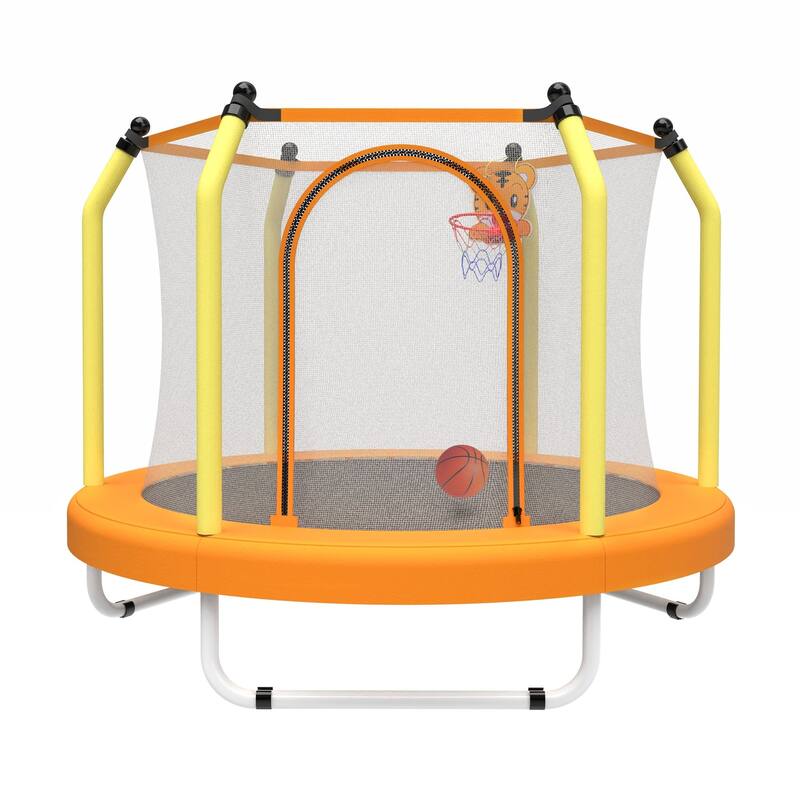55-Inch Kids Indoor & Outdoor Toddler Trampoline with Basketball Hoop, Safety Net Included - 4.5FT