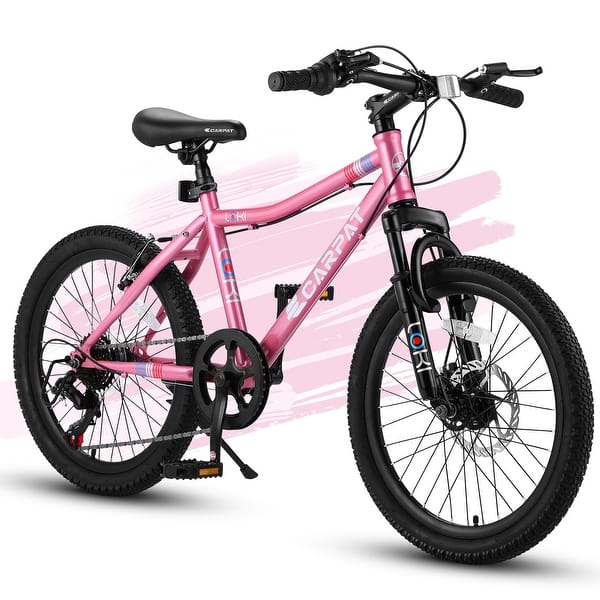 slide 2 of 8, 20-Inch Kids Mountain Bike with 7-Speed, Front Suspension, Disc & V-Brakes, for Ages 8-12, Ergonomic Steel Frame - Pink Pink