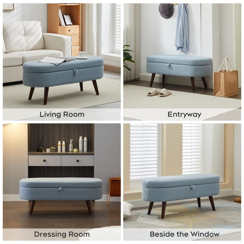 44" Beige Boucle Storage Ottoman Bench for Living Room Bedroom,Oval Storage Bench Ottoman Foot Rest Wood Legs