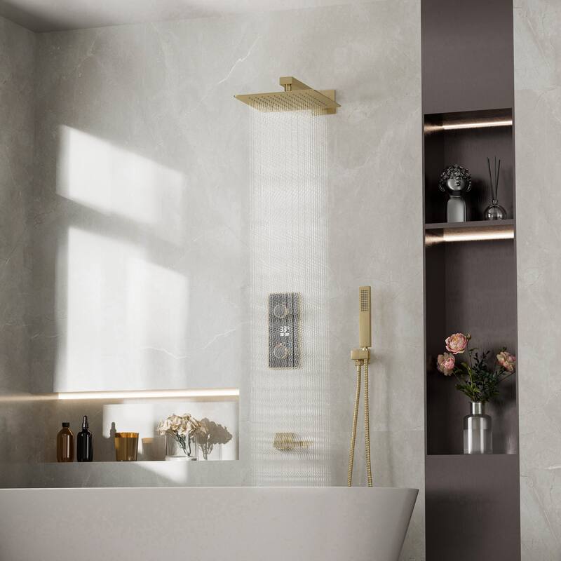 3-Way Thermostatic Complete Rainfall Shower System with Rough in-Valve Rain Shower Heads,Black/Gold - Brushed Gold