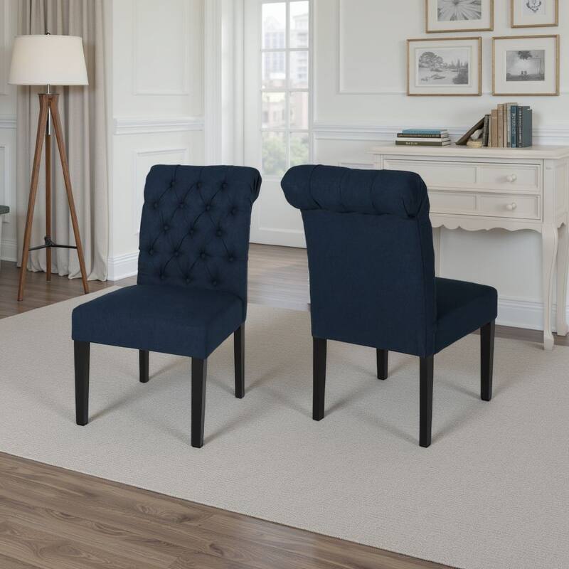 Mein Dining Chair Set of 2, Rolled Top Button Tufted, Blue Polyester