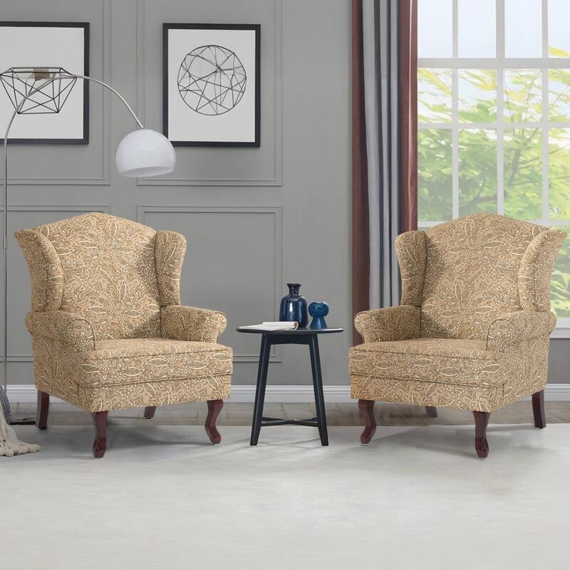 2 Set Modern Upholstery Wingback Accent Chair - Paisley Brown/ Cotton