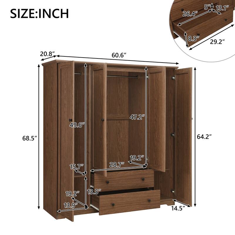 4-Door Wardrobe Armoire Closet with 2 Drawers, Brown Clothing Storage Cabinet Organizer with Hanging Rod