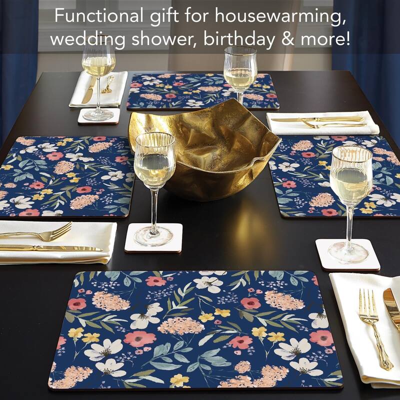 Meadow Blue Decorative Hardboard Placemats with Protective Cork Backing 4 Pack Heat Tolerant and Easily Wipes Clean
