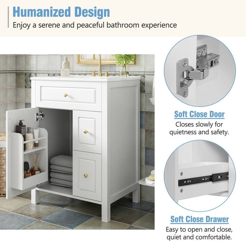 24" Bathroom Vanity with Ceramic Sink, 1 Soft Close Door, 2 Soft Close Drawers
