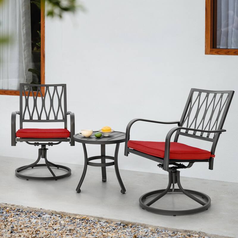 Patio 3-Piece 20’’ Round Side Table Set with Cushioned Swivel Chairs - Black and Red