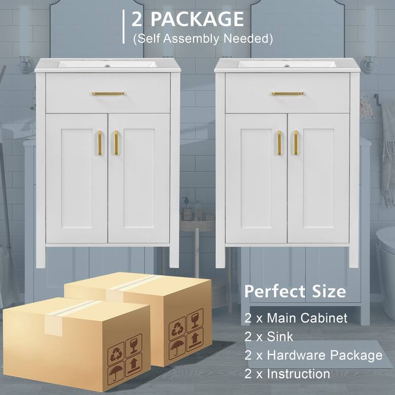 48" Modern Bathroom Vanity with Double Ceramic Sink, Flip Drawer, Soft-Close Doors & Gold Handles, Freestanding聽聽
