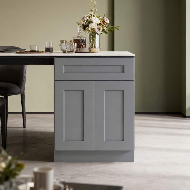 24 Inch Base Cabinet Solid Wood Shaker Double Doors, Dark Gray Finished, Adjustable Shelving, Versatile Storage for Kitchen - Gray