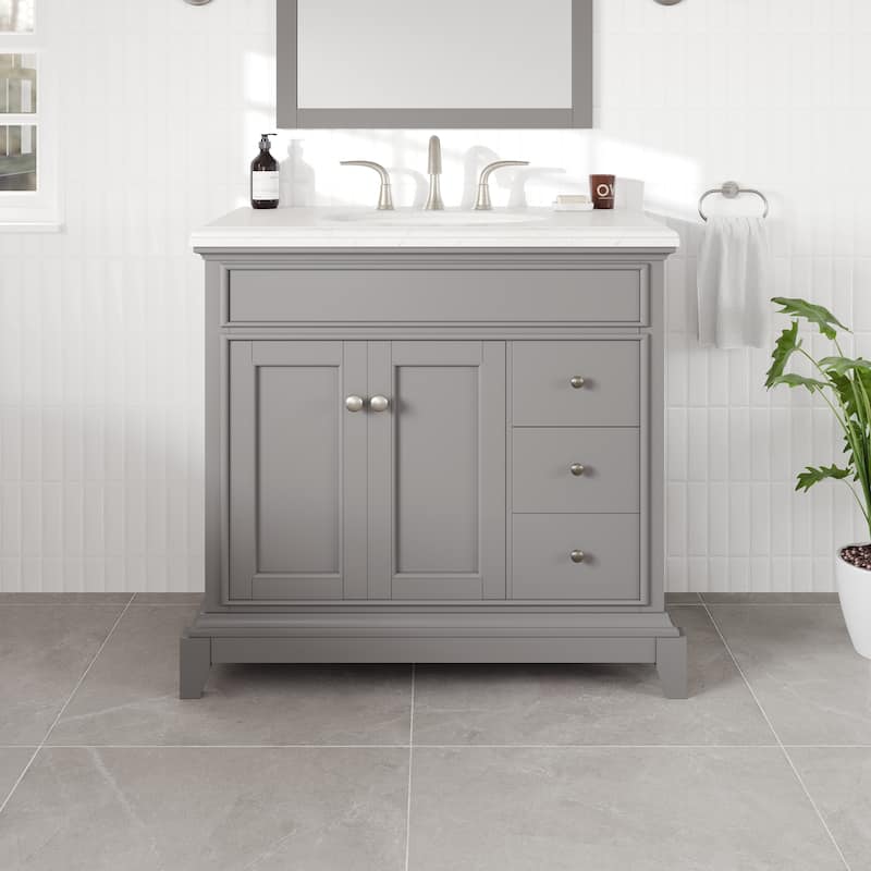 Elite Stamford Bath Vanity with Carrara Quartz Top and Porcelain Sink - 36" - Gray