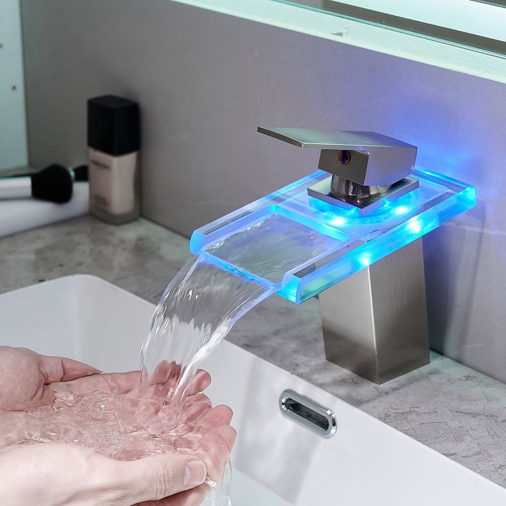 Single Handle Glass LED Waterfall Bathroom Sink Faucet - 7-in H