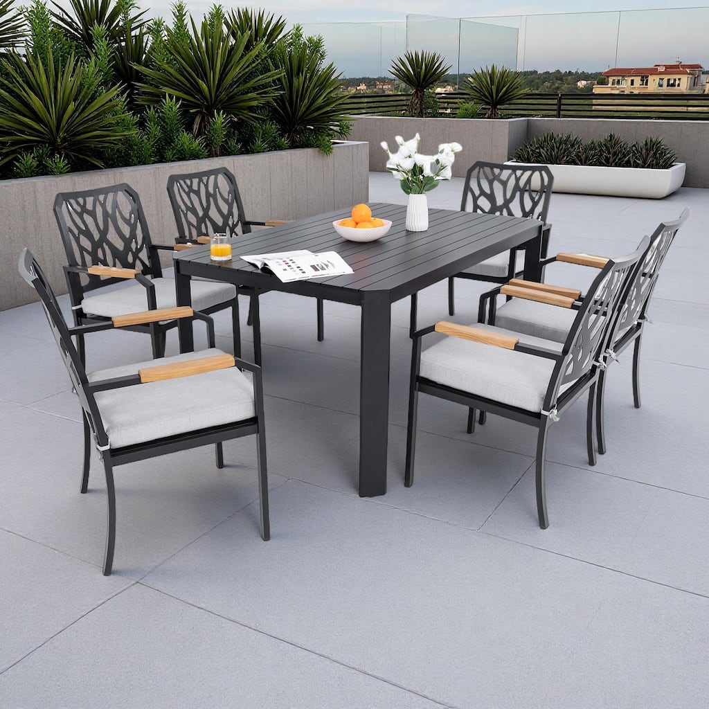 7-Piece Outdoor Patio Aluminum Dining Set with 59" Rectangular Table, 6 Cushioned Armchairs, and Umbrella Hole