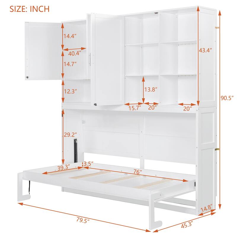 Roomfitters Twin Wall Murphy Bed with Top Cabinet Shelves Space Saving Design MDF