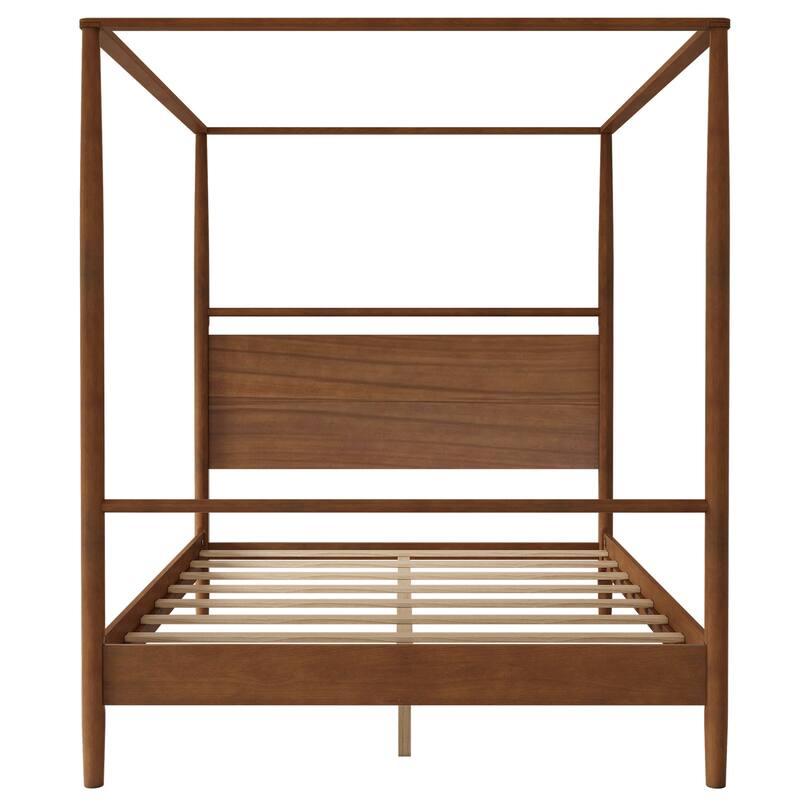 Walnut Wooden Canopy Bed Frame Panel Wingback Bed Four Posters Bed with Complete Roller Track on The Top No Box Spring Needed