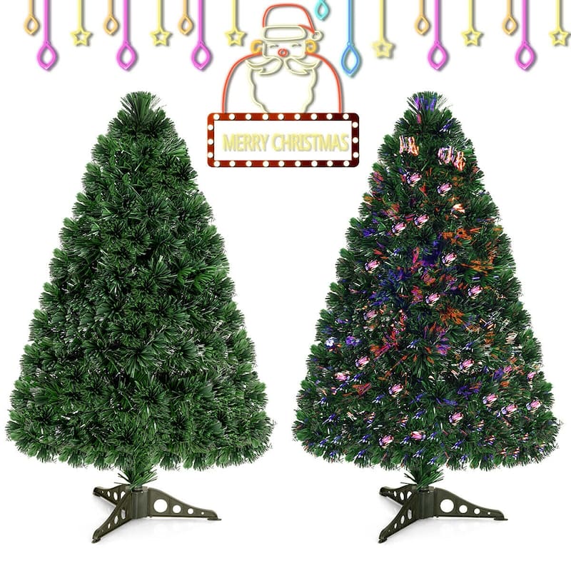 Gymax Pre-Lit 3' Artificial Christmas Tree Fiber Optic PVC Tips - See Details - Green - 3 Foot