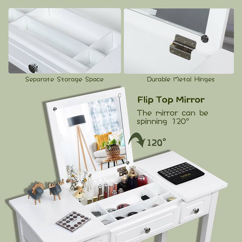 Vanity Set with Bench Dressing Table with Flip Top Mirror