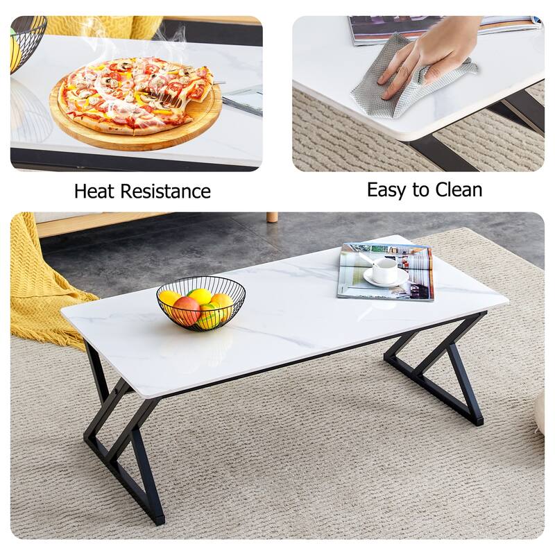 47" Modern Rectangular Coffee Table with Sintered Stone Tabletop and X-shaped Metal Legs
