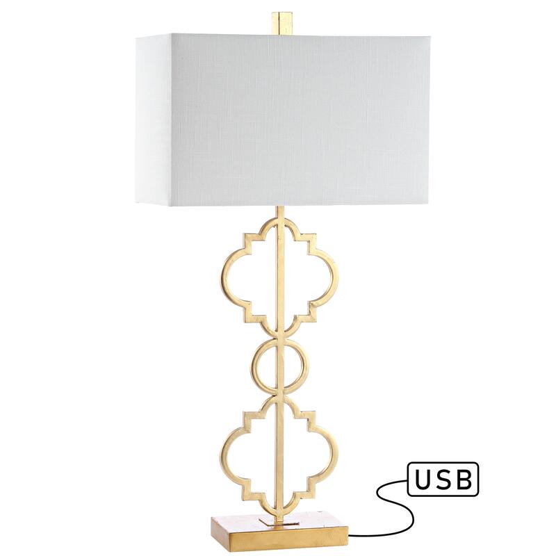 Miami 32" Iron Ogee Trellis Modern LED USB Table Lamp, Gold by JONATHAN Y