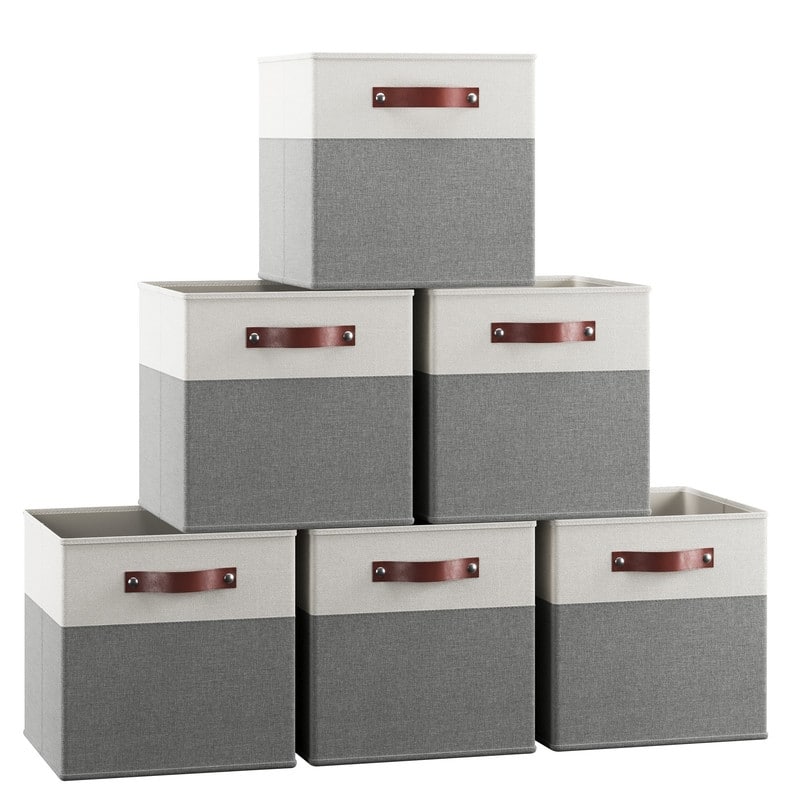 Foldable Collapsible Storage Box Bins Linen Fabric Shelf Basket Cube Organizer with Leather Handles - Set of 6 - 13" x 13" x 13" - White/Gray
