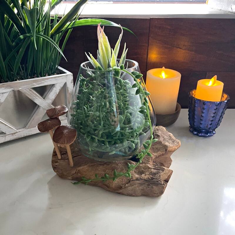 Handcrafted Glass And Teak Vase With Wood Mushroom Embellishments,