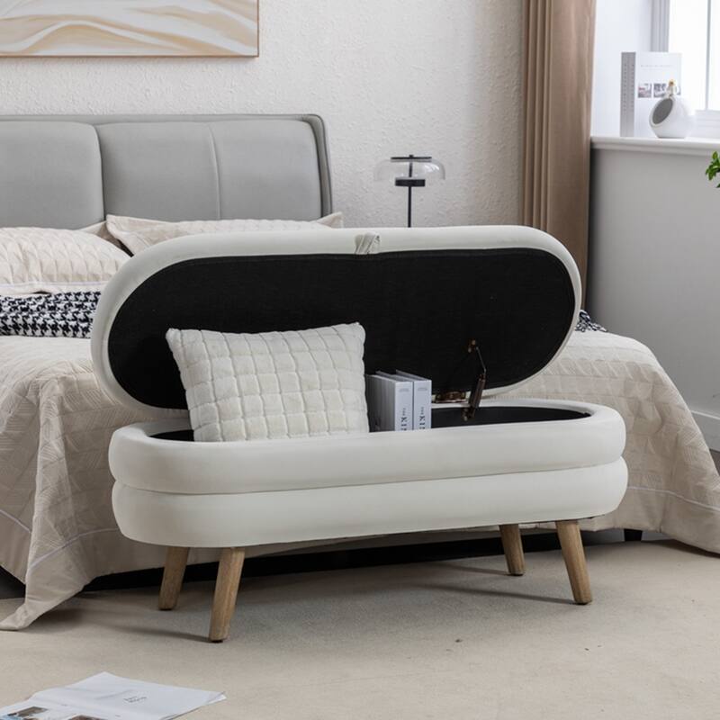 Storage Bench Bedroom Bench With Wood Legs - Ivory/Velvet