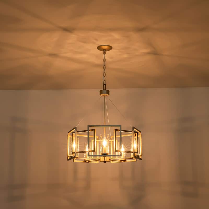 5-Light Industrial Vintage Brushed Gold Drum Large Chandelier with Clear Glass Shade - 23.6 in. W x 25.7 in. H