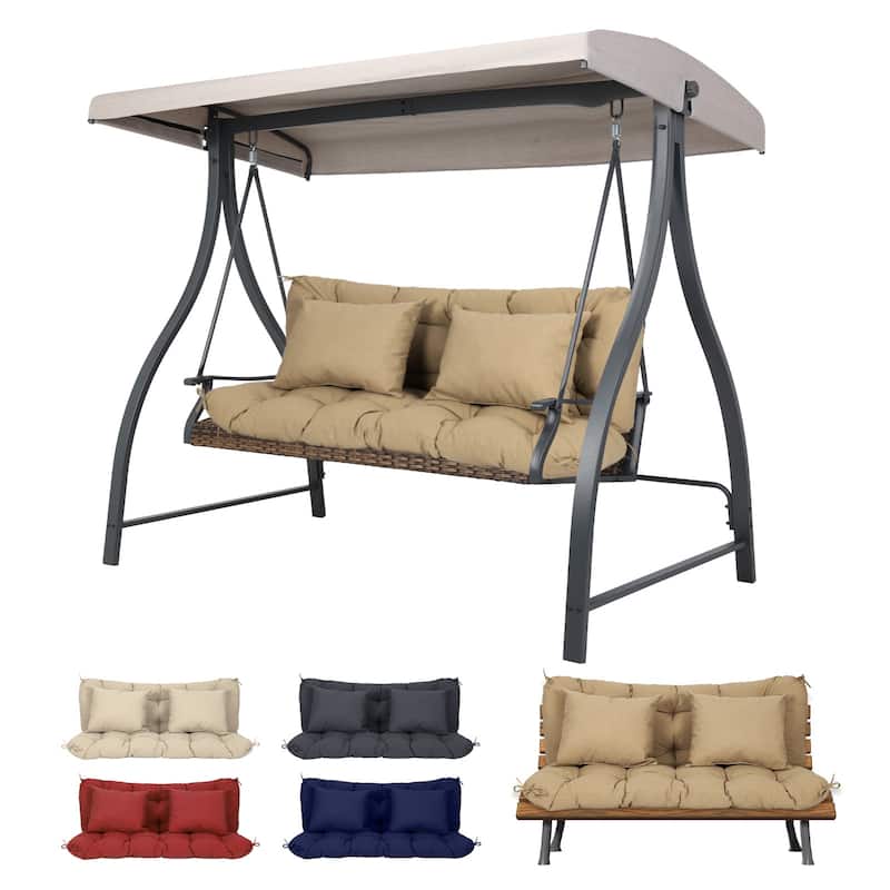Aoodor 59" Tufted Porch Swing Cushions, Outdoor Swing Replacement Cushion 2-3 Seater with Backrest and 2 Pillows - Brown