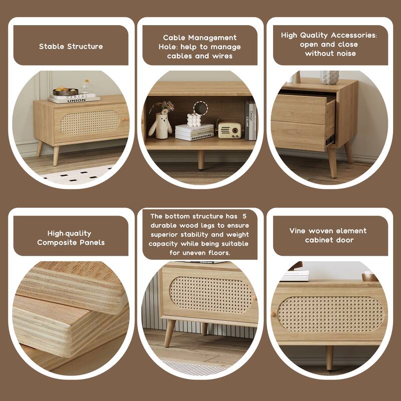 Boho Farmhouse Wicker TV Stand Media Console, for TVs up to 80" with 1 Drawer and 2 Spacious Cabinets, for Living Room