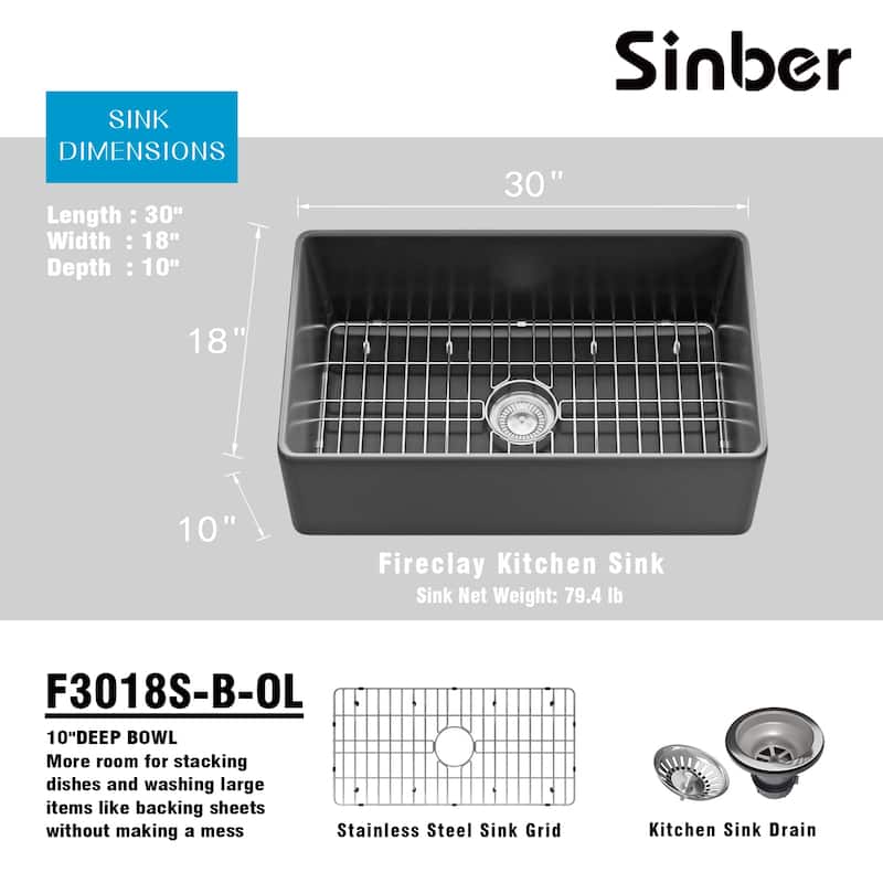 Sinber Farmhouse Apron Single Bowl Kitchen Sink with Fireclay White Finish