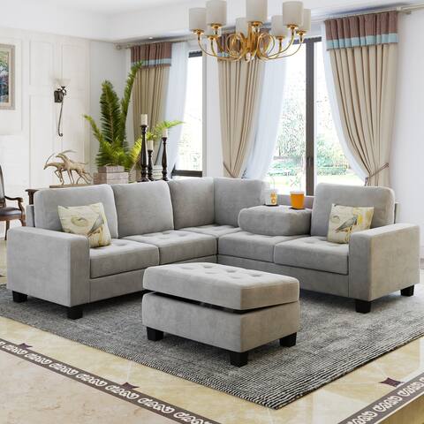 L-shape Sectional Corner Sofa Couch with Storage Ottoman & Cup Holders