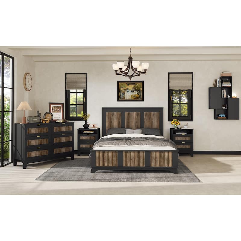 Queen Size Farmhouse Wooden Platform Bed with Wooden Strip Decoration and Plywood Slats Support