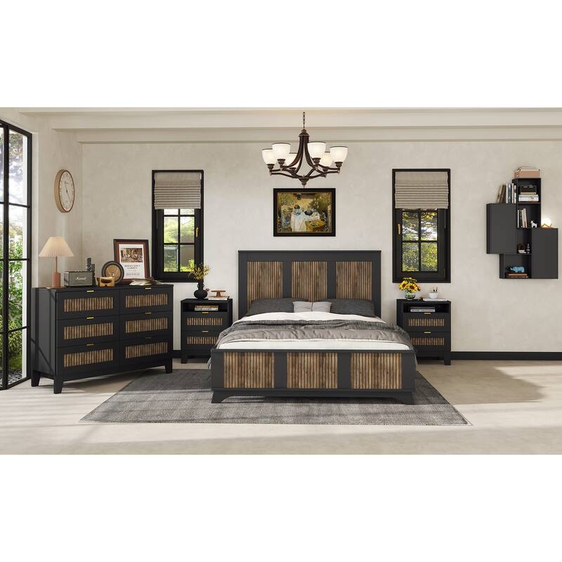Queen-Size Wood Platform Bed Frame with Headboard - Wooden Strip Decoration and Plywood Slat Support