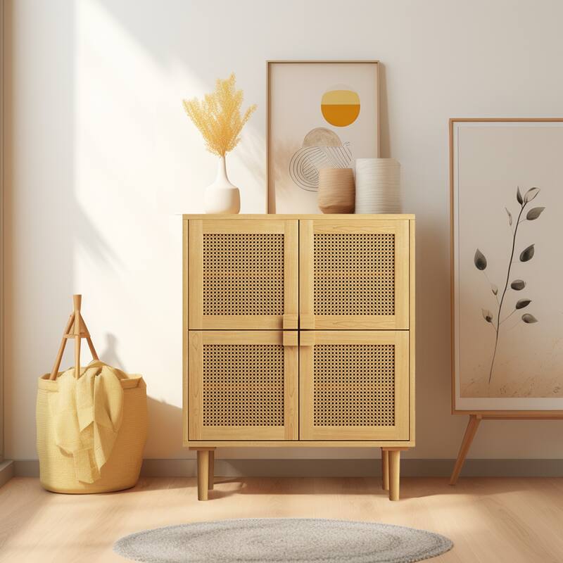 4-Doors Rattan Mesh Storage Cabinet Sideboard with Eight Storage Spaces