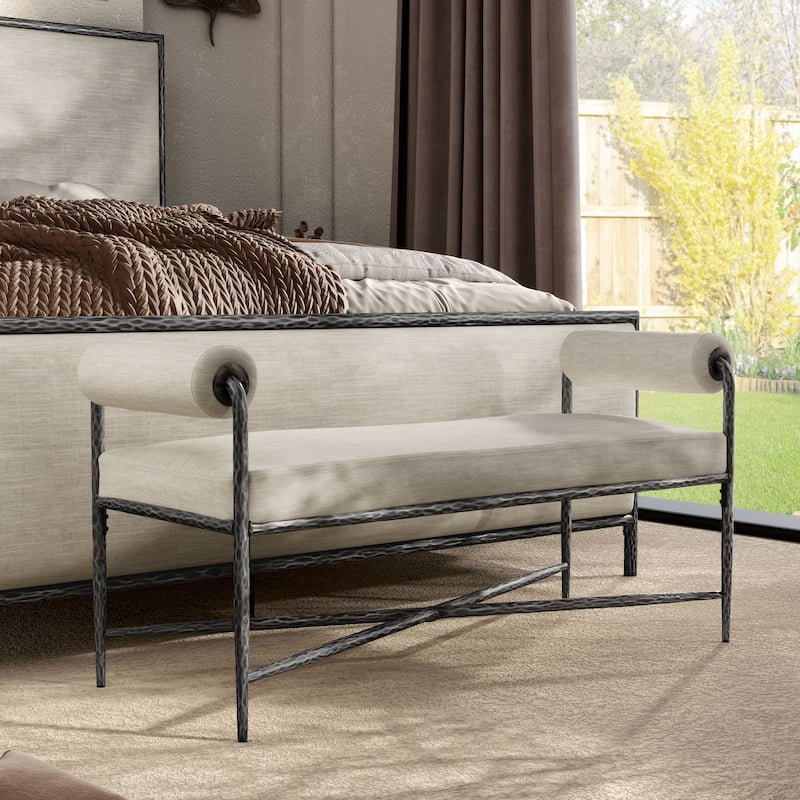 247 Shop At Home Lalia Modern Upholstered 48-inch Hammered Metal Accent Bench with Roll Arms - Matte Grey