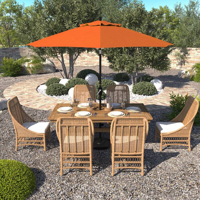 California Umbrella 9' Round Crank Lift Push Button Tilt Black Aluminum Patio Umbrella with Sunbrella Spectrum Dove Fabric - Tuscan